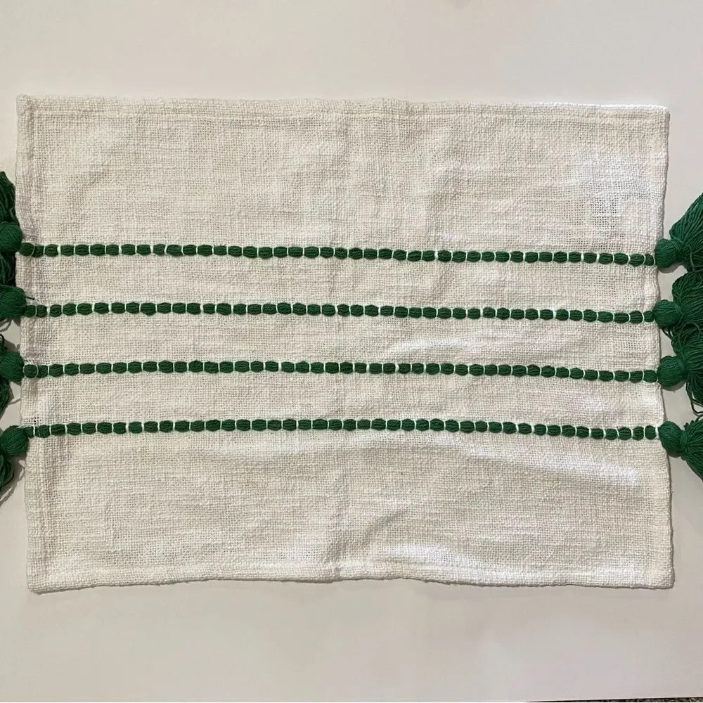 H is For Happy Green Woven Stripe And Tassel Boho Placemats Set Of Two